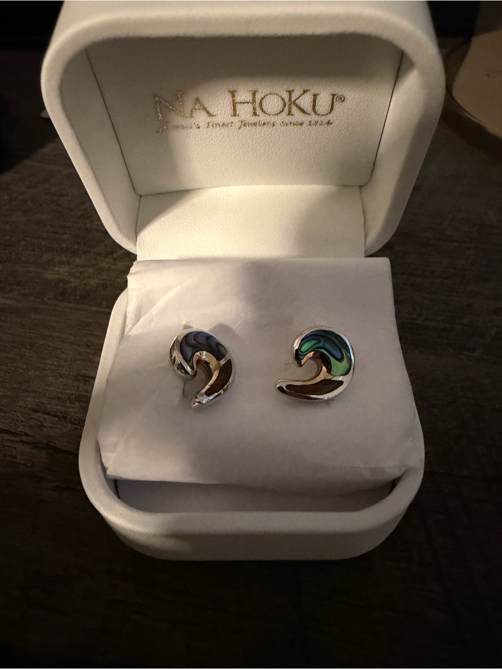 Na Hoku Abalone Wave Earrings in Iridescent Green and Blue